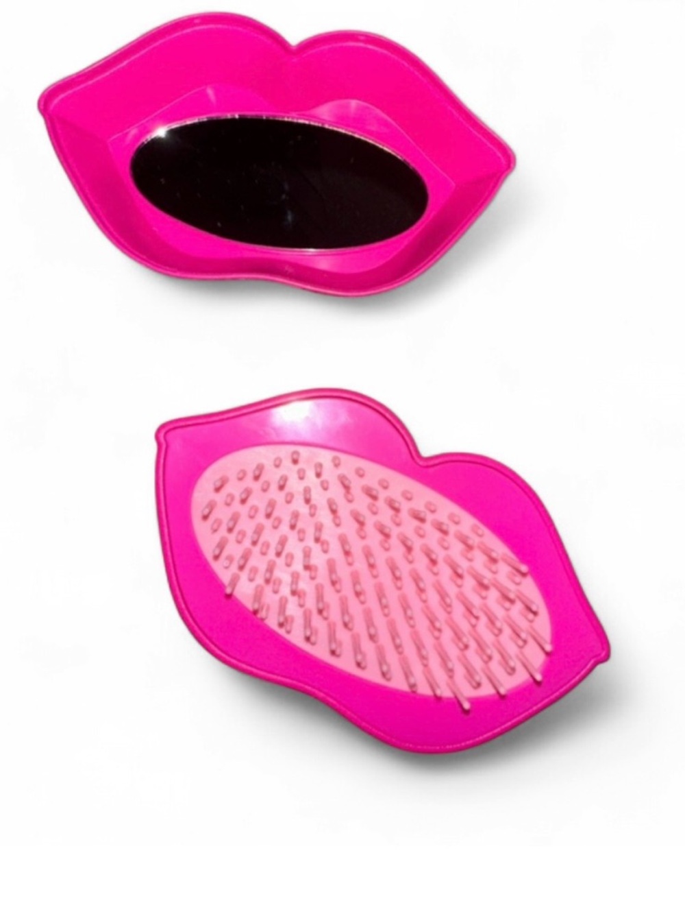 Pink Lip-Shaped Detangling Hair Brush and Mirror Set